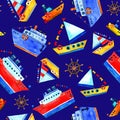 Seamless watercolor pattern of blue steamer and boats and ships with flags. Ships in cartoon style. Royalty Free Stock Photo