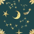 Seamless watercolor pattern on blue with sun, moon stars and comet sky and weather related elements in vintage style Royalty Free Stock Photo