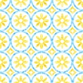 Seamless watercolor pattern. Blue and yellow tile ornament. Patterns drawn by hand with a brush on paper. Print for home decor,