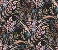 Seamless watercolor pattern with boho style fern branches and leaves drawn