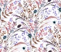 Seamless watercolor pattern with boho style fern branches and leaves drawn