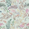Seamless watercolor pattern with boho style fern branches and leaves drawn
