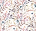 Seamless watercolor pattern with boho style fern branches and leaves drawn