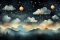 Seamless watercolor pattern in boho style with small stars, clouds and balloons at night sky. Gouache, paper texture.