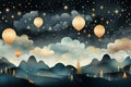 Seamless watercolor pattern in boho style with small stars, clouds and hot air balloons at night.