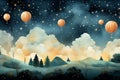 Seamless watercolor pattern in boho style with small stars, clouds and hot air balloons at night.