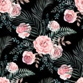 Seamless watercolor pattern with a Bouquet of roses and tropical dried flowers