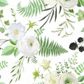 Seamless watercolor pattern with bouquets of white flowers, berries, green leaves. Summer and spring rustic plant background Royalty Free Stock Photo