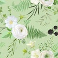 Seamless watercolor pattern with bouquets of white flowers, berries, green leaves. Summer and spring rustic plant background