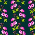 Seamless watercolor pattern of branches of apple, sakura with leaves and flowers.