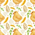 Seamless watercolor pattern, bright chicken, Easter eggs, feather, green leaf on a white background.