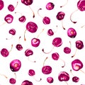 Seamless watercolor pattern with bright pinc cherries Royalty Free Stock Photo