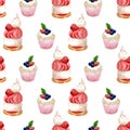 Seamless watercolor pattern of cakes with meringue and raspberry cupcake with strawberry and blackberry on white