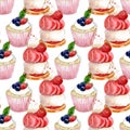 Seamless watercolor pattern of cakes with meringue and raspberry cupcake with strawberry and blackberry on white