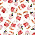 Seamless watercolor pattern of cakes with meringue and raspberry cupcake with strawberry and blackberry on white