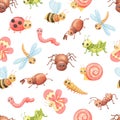 Seamless watercolor pattern with Cartoon insects. Cute butterfly, grasshopper and dragonfly. Royalty Free Stock Photo