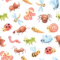 Seamless watercolor pattern with Cartoon insects. Cute butterfly, grasshopper and dragonfly. Royalty Free Stock Photo