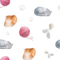 Seamless watercolor pattern with cats, pastel paw prints, toys and clews on white background