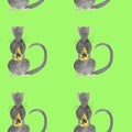 Seamless watercolor pattern with Christmas rat holding piece of cheese with a blue ribbon