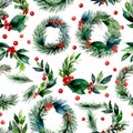 Seamless watercolor pattern with Christmas wreath on a white background