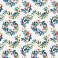 Seamless watercolor pattern with Christmas wreath on a white background