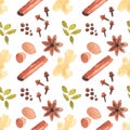 Seamless watercolor pattern with cinamon, ginger