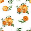 Seamless watercolor pattern with citrus. Slices of lemon, orange and green leaves Royalty Free Stock Photo