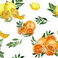 Seamless watercolor pattern with citrus. Slices of lemon, orange and green leaves Royalty Free Stock Photo