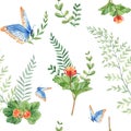 Seamless watercolor pattern with cloudberry leaves and berries, fern, green branches, blue butterfly. Botanical summer Royalty Free Stock Photo