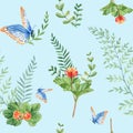 Seamless watercolor pattern with cloudberry leaves and berries, fern, green branches, blue butterfly. Botanical summer Royalty Free Stock Photo