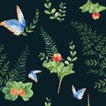 Seamless watercolor pattern with cloudberry leaves and berries, fern, green branches, blue butterfly. Botanical summer Royalty Free Stock Photo