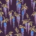 Seamless watercolor pattern, clusters of wisteria in bloom.