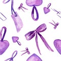 Seamless watercolor pattern with colored bow, tags, gift box, violet heart.