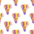 Seamless watercolor pattern of colorful elephant in different rainbow colors. Neon mammals repeated in white background