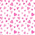 Seamless watercolor pattern with colorful hearts - romantic tints of pink.