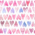 Seamless watercolor pattern with colorful hearts - romantic light and soft tints of pink and red.