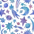 Seamless watercolor pattern with colorful planets, stars and comets on white background.