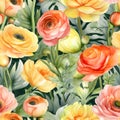 Seamless watercolor pattern with colorful ranunculus. Floral illustration background. Generated AI