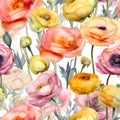 Seamless watercolor pattern with colorful ranunculus flowers. Floral illustration background. Generated AI
