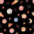 Seamless watercolor pattern with colorful stars, planets, comet on dark background. Space illustration for textile