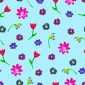 Seamless watercolor pattern. Colourful eggs and flowers on blue background. Bright hand drawn illustration. Happy Easter