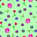 Seamless watercolor pattern. Colourful eggs and flowersÃÂ on green background.