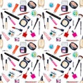 Seamless watercolor pattern with cosmetic, beauty items