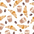 Seamless watercolor pattern of croissant, coffee,  coffee beans isolated on white background. Food illustration Royalty Free Stock Photo