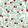 Seamless watercolor pattern with cute abstract tomatoes and leaves. green leaves and branches and red tomatoes isolated on white b Royalty Free Stock Photo