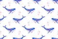 Seamless watercolor pattern with cute blue whale and water bubbles Royalty Free Stock Photo