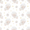 Seamless watercolor pattern with cute lamb astronaut. Hand drawn sheep in space.