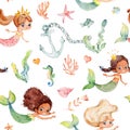 Seamless watercolor pattern with cute multiracial girls mermaids, sea elements, sea stars, fishes, flowers etc Girls