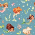 Seamless watercolor pattern with cute multiracial girls mermaids, sea elements, sea stars, fishes, flowers etc Girls