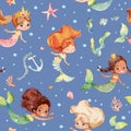 Seamless watercolor pattern with cute multiracial girls mermaids, sea elements, sea stars, fishes, flowers etc Girls